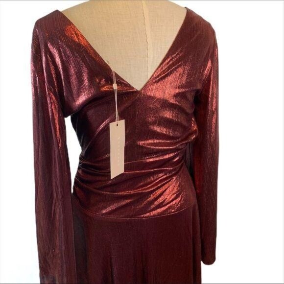 Keepsake The Label “Never Again” Metallic Berry Faux Wrap Dress Long Sleeve Asym - Picture 6 of 11